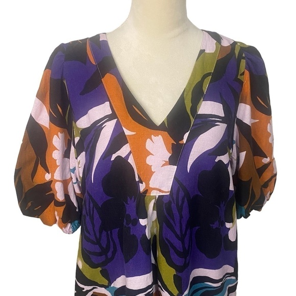 For Cynthia Linen Blend Puff Sleeve Bold Print V-neck Shirt Dress Size L - Picture 2 of 9